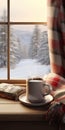 a steaming cup of hot coffee placed beside a soft and inviting plaid on the vintage windowsill of a quaint cottage