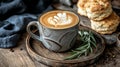 Steaming Cup of Latte Art with Fresh Rosemary and Buttery Scones on Rustic Cafe Table Royalty Free Stock Photo