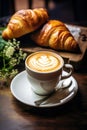 A steaming cup of rich and aromatic coffee, with creamy latte art swirling on top, on a table with a plate of buttery croissants