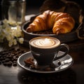 A steaming cup of rich and aromatic coffee, with creamy latte art swirling on top, on a table with a plate of buttery croissants