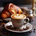 A steaming cup of rich and aromatic coffee, with creamy latte art swirling on top, on a table with a plate of buttery croissants