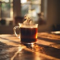 Steaming cup of singleorigin coffee on wooden table Royalty Free Stock Photo