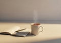 A steaming cup of tea or coffee sits on a light-colored table next to an open notebook with a pen Royalty Free Stock Photo