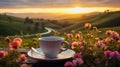 A steaming cup of tea on a dainty saucer, set against a blurred field of wildflowers and rolling hills