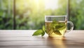 Steaming cup of tea, graced with stevia leaves, embracing nature\'s sweetness as a healthier choice