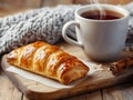 A steaming cup of tea on a wooden table with a pastry and a knitted blanket Royalty Free Stock Photo