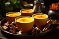 Steaming cups of turmeric tea surrounded by fresh curcuma roots, presenting the soothing qualities of the beverage. Generative AI