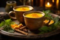 Steaming cups of turmeric tea surrounded by fresh curcuma roots, presenting the soothing qualities of the beverage. Generative AI