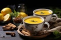 Steaming cups of turmeric tea surrounded by fresh curcuma roots, presenting the soothing qualities of the beverage. Generative AI