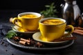 Steaming cups of turmeric tea surrounded by fresh curcuma roots, presenting the soothing qualities of the beverage. Generative AI