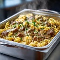 A steaming dish of beef stroganoff pasta with parsley. Royalty Free Stock Photo