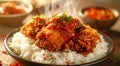 A steaming dish of crispy fried chicken rests on a bed of white rice. Royalty Free Stock Photo