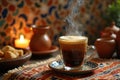 Steaming espresso in glass mug with moroccan decor and candlelit ambiance Royalty Free Stock Photo