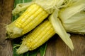 Steaming fresh corn on wooden table Royalty Free Stock Photo