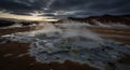 Steaming geothermal vents bubble under a dark cloudy sky Royalty Free Stock Photo
