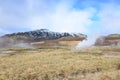 Steaming geyser in a field with bright blue skies Royalty Free Stock Photo