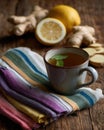 Steaming ginger tea lemon mint rustic cup warm cozy drink Royalty Free Stock Photo