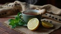 Steaming ginger tea lemon mint rustic cup wooden table Royalty Free Stock Photo