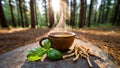 Steaming Herbal Tea in Tranquil Forest, generative ai Royalty Free Stock Photo