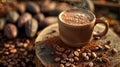 Steaming hot chocolate with cocoa beans Royalty Free Stock Photo