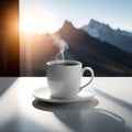 Steaming Hot Coffee Backlit by the Morning Sun With Mountains in the Background Royalty Free Stock Photo