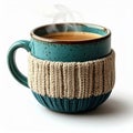 Steaming Hot Coffee in Rustic Turquoise Mug with Knitted Sleeve on White Royalty Free Stock Photo