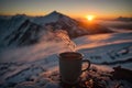 A steaming hot coffee top of a snowy mountain