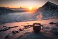 A steaming hot coffee top of a snowy mountain