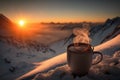 A steaming hot coffee top of a snowy mountain