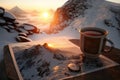 A steaming hot coffee top of a snowy mountain