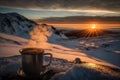 A steaming hot coffee top of a snowy mountain