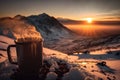 A steaming hot coffee top of a snowy mountain