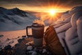 A steaming hot coffee top of a snowy mountain