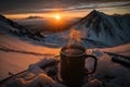 A steaming hot coffee top of a snowy mountain