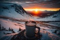 A steaming hot coffee top of a snowy mountain