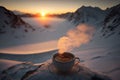 A steaming hot coffee top of a snowy mountain