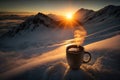 A steaming hot coffee top of a snowy mountain