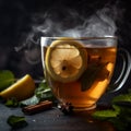 steaming hot lemon tea, with droplets of water.