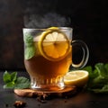 steaming hot lemon tea, with droplets of water.