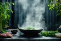 Steaming hot pot with fresh vegetables and herbs in rustic setting Royalty Free Stock Photo