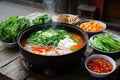 Steaming hot pot with fresh vegetables and herbs in rustic setting Royalty Free Stock Photo
