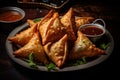 Steaming Hot samosa in plate. Generate Ai Royalty Free Stock Photo