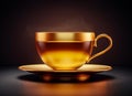 Steaming hot tea in an elegant golden cup and saucer