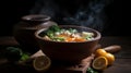 Steaming Hotpot Soup in Chinese-Style Bowl on Wooden Table