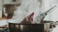 Steaming meat searing in kitchen pan, home cooking Royalty Free Stock Photo