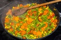 Steaming mixed vegetables in the pan cooking vegetarian and healthy Royalty Free Stock Photo
