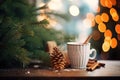 steaming mug of cocoa near pine branches