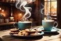 Steaming Mug of Coffee and Assorted Cookies on a Rustic Wooden Table: Morning Indulgence