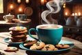 Steaming Mug of Coffee and Assorted Cookies on a Rustic Wooden Table: Morning Indulgence