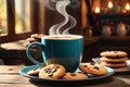 Steaming Mug of Coffee and Assorted Cookies on a Rustic Wooden Table: Morning Indulgence